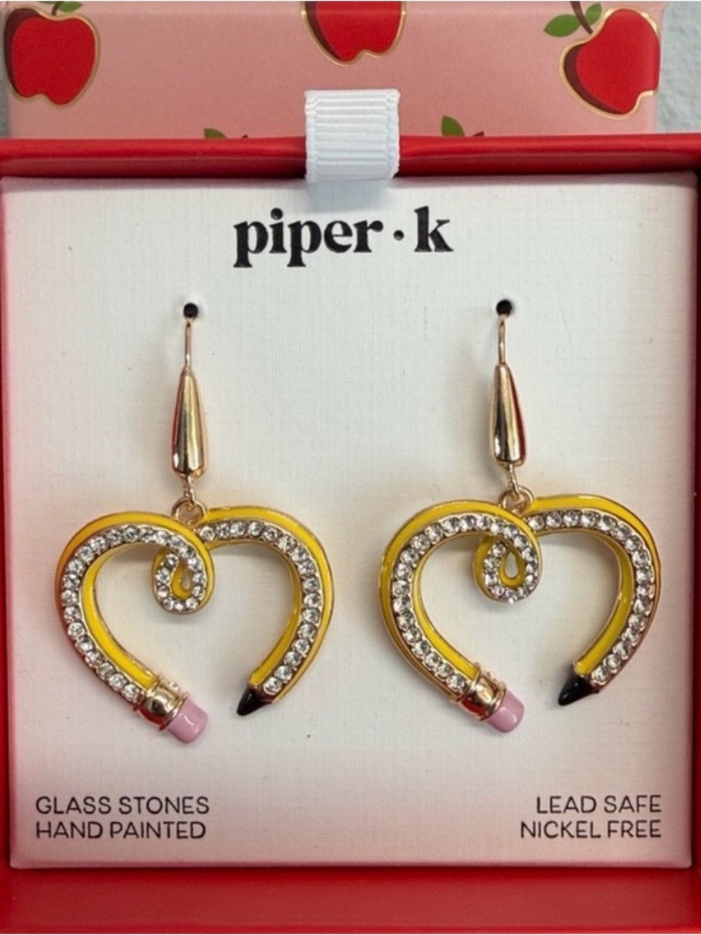 Piper K Yellow Pencil Heart Drop Earrings with Crystals